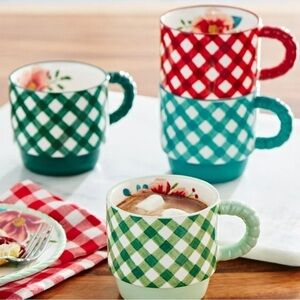 The Pioneer Woman Merry Meadows set of 4 stackable Gingham Stoneware Mugs